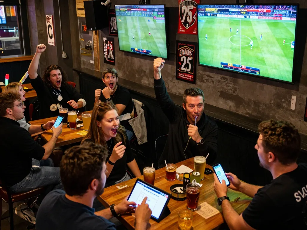 Socolive broadcasts live soccer matches as sports enthusiasts engage in active betting strategies in a lively bar environment