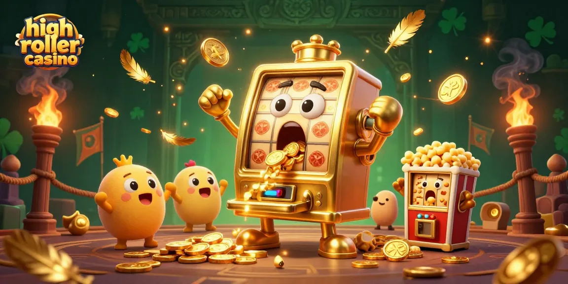 High roller casino illustration showcasing a golden slot machine winning, with cheerful baby slots and golden coins.