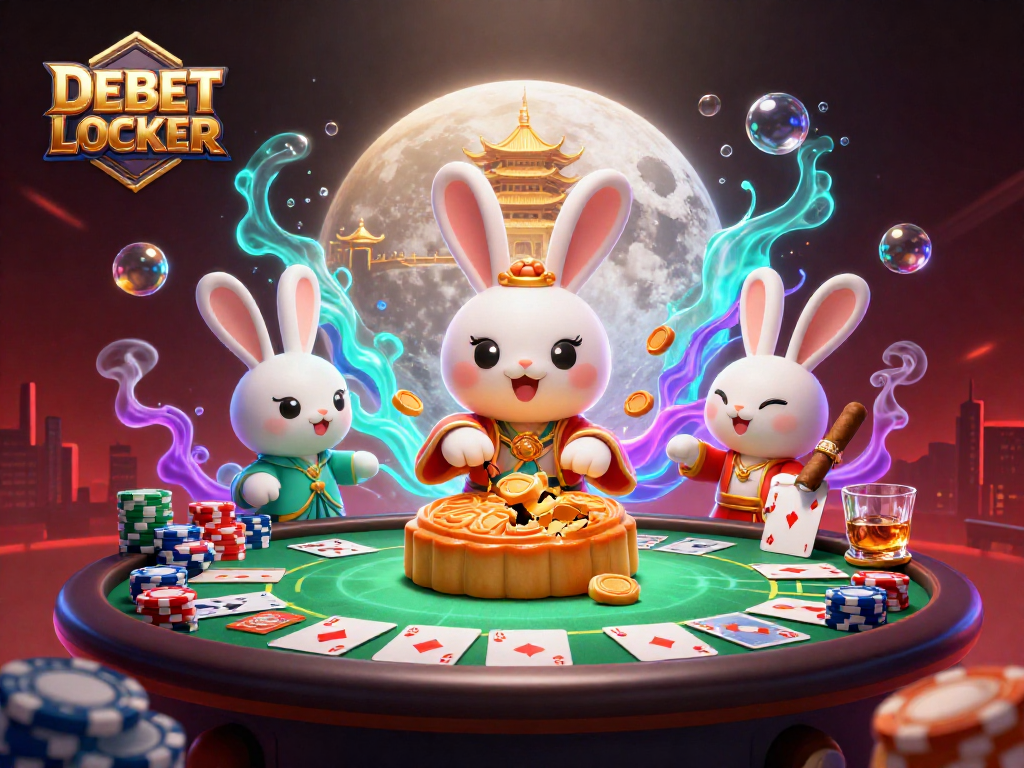 Engage with DEBET LOCKER in a dynamic 3D casino scene of poker excitement and lunar folklore.