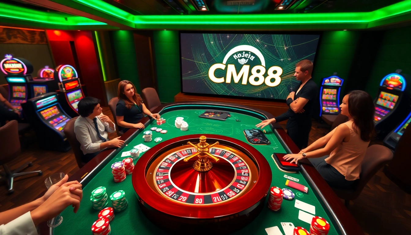 Players engaging in thrilling gameplay at a CM88 casino table with vibrant chips and cards.