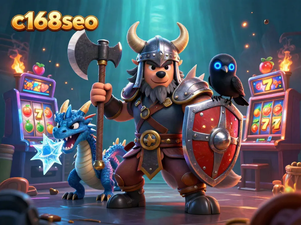 Experience excitement with c168seo as Viking and dragon navigate spinning fruit slots.