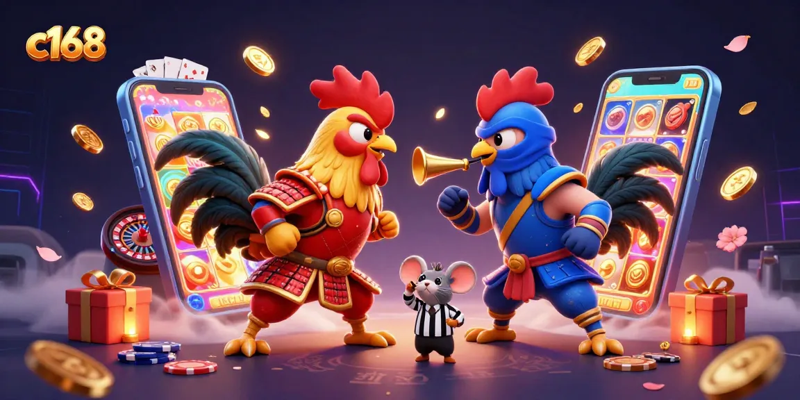 Engage in thrilling gameplay with c168's dynamic rooster fight scene, capturing excitement in the online casino realm.