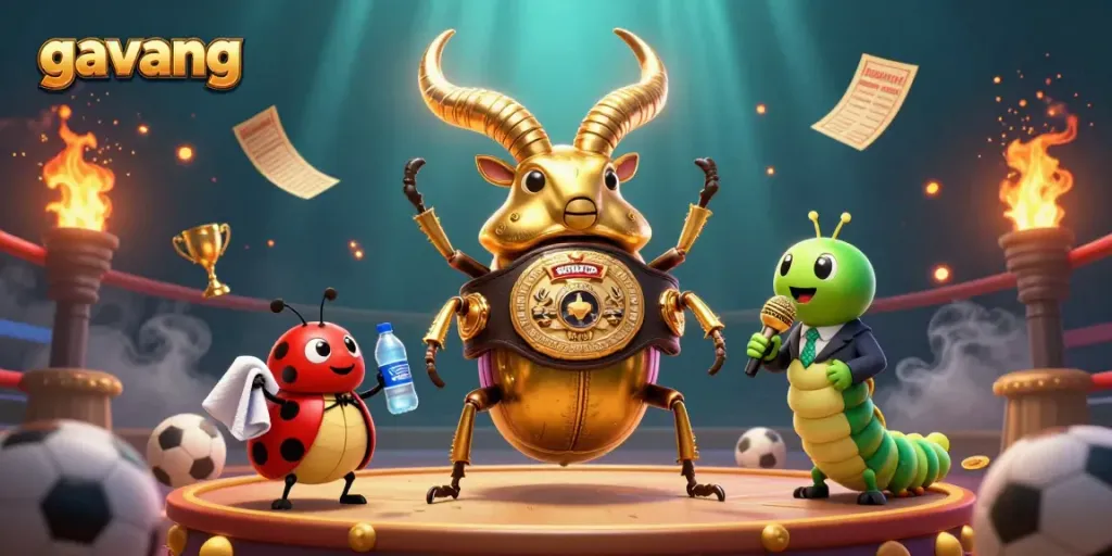 Engaging scene of gavang with a giant beetle boxing champion amid sports elements, energizing the betting atmosphere.
