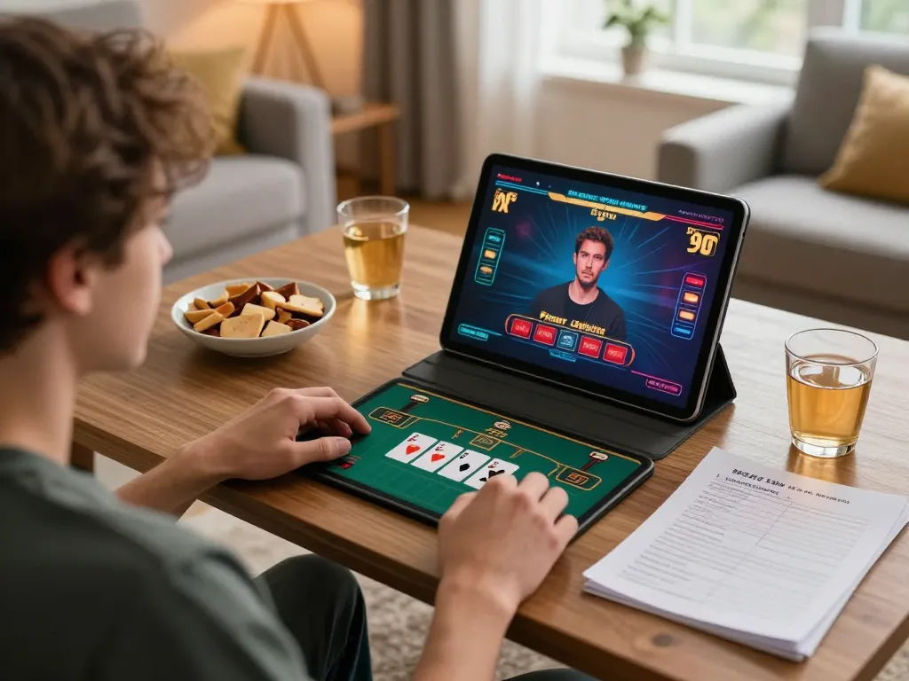 Player engaging with SC88's online Power Blackjack on a tablet in a cozy home environment.