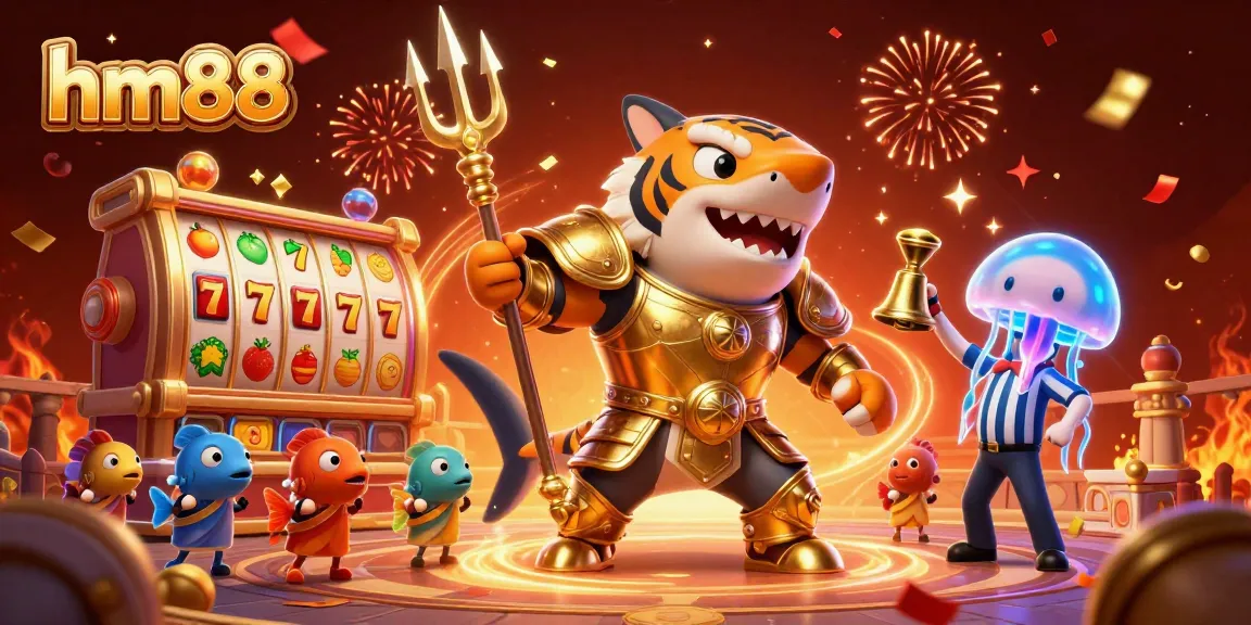 Enjoy thrilling game action at hm88 as the tiger shark battles for prizes in a vibrant casino scene.