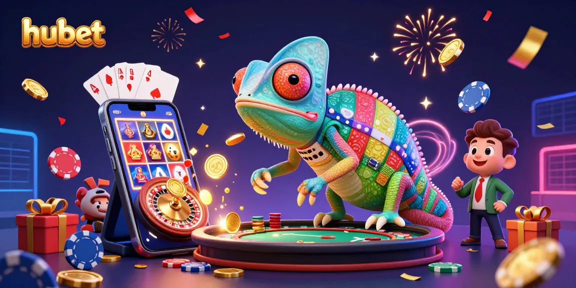 Engage with hubet's vibrant casino elements, featuring a chameleon owner capturing gold coins.