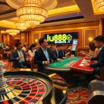 Engaging players enjoying lu88 sports at a roulette table in a lavish casino setting.