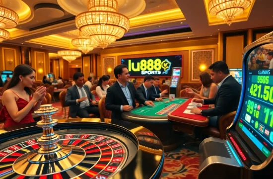 Engaging players enjoying lu88 sports at a roulette table in a lavish casino setting.