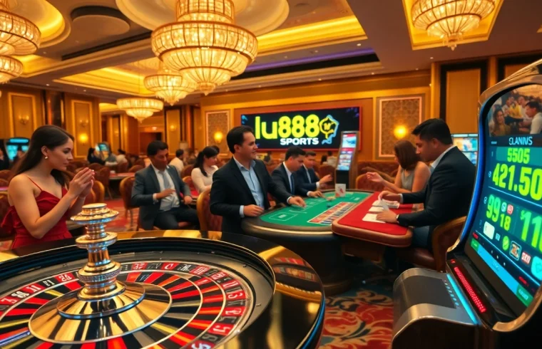 Engaging players enjoying lu88 sports at a roulette table in a lavish casino setting.
