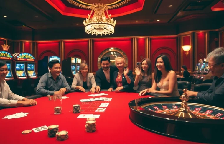 Experience the rush of gameplay at https://tx88at.com/ with a vibrant casino scene featuring poker, slots, and roulette.