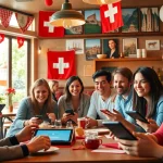 Mitreißende Schweiz-Quiz-Szene in einem lebhaften Café mit diversen Teilnehmenden.