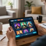 Player immerses in TR88 mobile casino app for strategic gaming at home