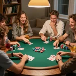 Friends enjoying an exciting poker night while playing at home, showcasing 79KING COM excitement and social gaming.