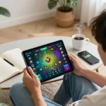 Engaged player enjoying an lc88 game on a tablet in a cozy home setting, with strategy notes beside them.
