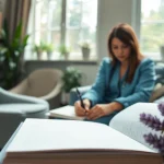 Engaged individual journaling in a serene space promoting emotional wellbeing.