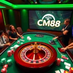 Players engaging in thrilling gameplay at a CM88 casino table with vibrant chips and cards.