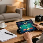 Gamer enjoying Jun88 online poker on a tablet in a cozy home setup.