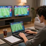 Betting enthusiast analyzing Tỷ lệ kèo nhà cái on multiple screens in a cozy home setting