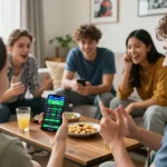Engaging group sports betting session via cakhiatv at home with friends, excited expressions captured.
