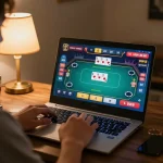 Player engaging in online poker gameplay on DW8, showcasing strategic betting and a cozy home setting.