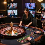 va88 players engaging in a live dealer roulette game showcasing excitement and strategy in an upscale online environment