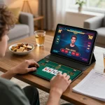 Player engaging with SC88's online Power Blackjack on a tablet in a cozy home environment.