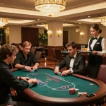 Players enjoying high-stakes poker at an elegant F8bet VIP gaming table with luxurious decor