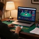 Player enjoying an interactive vip66 live dealer blackjack game from a stylish home office setup.