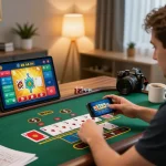 C168 player strategizing wins during a live dealer game on a smartphone in a cozy home office.
