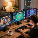 Engaging online gaming session showcasing 23win on multiple screens, emphasizing strategic play and comfort