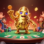 CM88 showcases a dynamic 3D cartoon scene with a golden golem surrounded by poker elements, enhancing online gambling excitement.