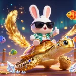 Experience excitement at sarathi with a lucky rabbit on a golden turtle among vibrant casino elements.