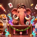 BANGSAWAN88 showcases a vibrant casino scene with a bouncer mammoth, VIP saber-tooth, and dodo doorman.