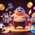 Xem bóng đá in a dynamic sports betting scene with characters and lively elements, capturing excitement.