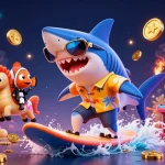 Engage with the thrilling action of Tai Go88 as a shark surfs gold coins surrounded by dynamic game elements.