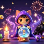 Feel the thrill of gaming with gmnc in this vibrant 3D casino scene filled with fortune-telling cats and dynamic lottery elements.