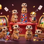 Experience thrilling casino action with 33win's meerkat crew managing slots, chips, and excitement.