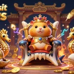No deposit bonus scene featuring a golden hamster king on a megalodon throne, surrounded by casino elements.