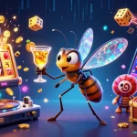 gmnc mascot representing a casino, amid lively gaming elements and vibrant energy bursting forth