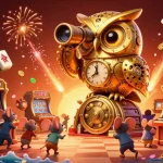 xoso66 players enjoy spinning slot machines while golden owl oversees the bustling casino floor