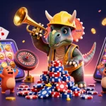 Experience mb66's vibrant gaming excitement with a triceratops building poker chip pyramids