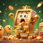 High roller casino illustration showcasing a golden slot machine winning, with cheerful baby slots and golden coins.